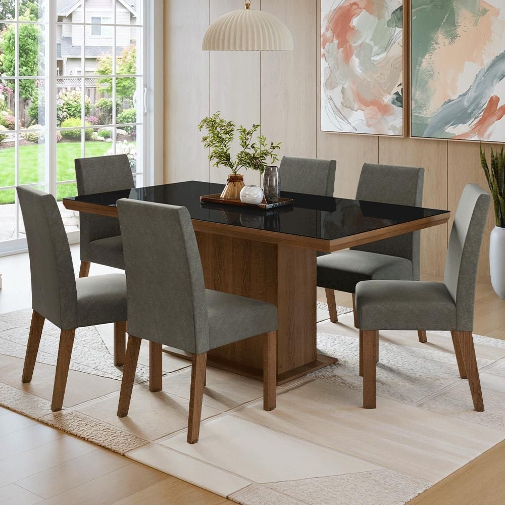 Conjunto Sala de Jantar Alba 6 Lugares Tampo em Vidro com Moldura Rustic Preto Silver 160CM Madesa