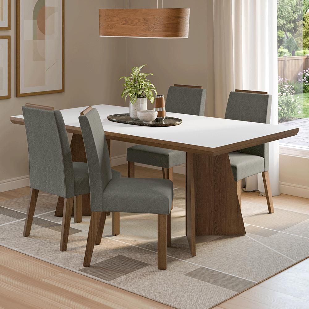 Conjunto Sala de Jantar Arles 4 Lugares Tampo em MDP com Moldura e Pés Trapézio Rustic Branco Silver 160CM Madesa