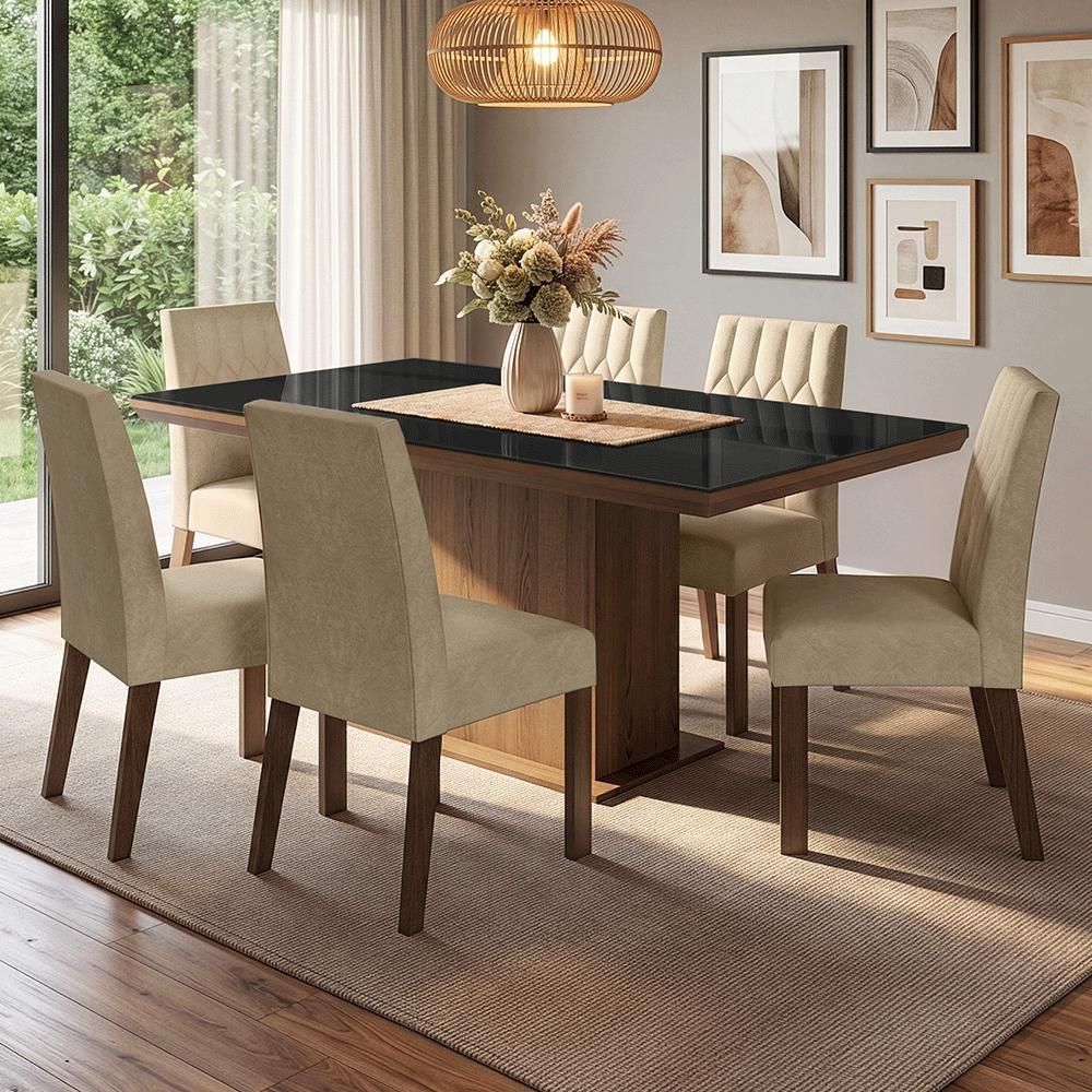 Conjunto Sala de Jantar Dinan 6 Lugares Tampo em Vidro com Moldura Rustic Preto Imperial 160CM Madesa