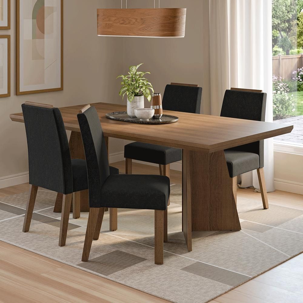 Conjunto Sala de Jantar Arles 4 Lugares Tampo em MDP com Pés Trapézio Marrom 160CM Madesa