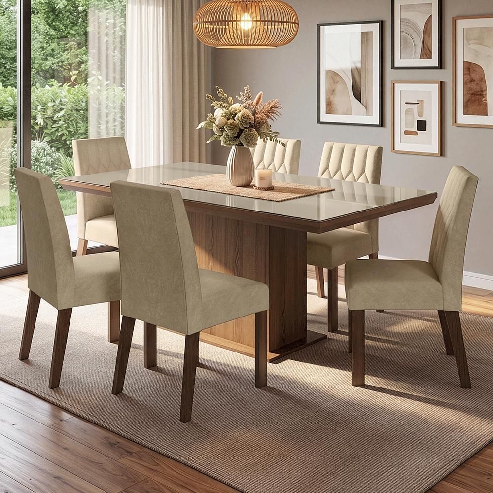 Conjunto Sala de Jantar Dinan 6 Lugares Tampo em Vidro com Moldura e Vidro Sobreposto Marrom 160CM Madesa