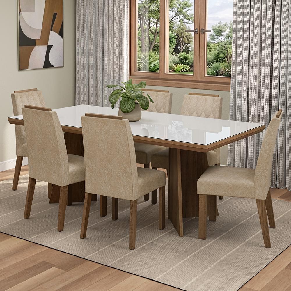 Conjunto de Jantar Pienza 6 Lugares Tampo em Vidro com Pés Trapézio Marrom 160CM Madesa