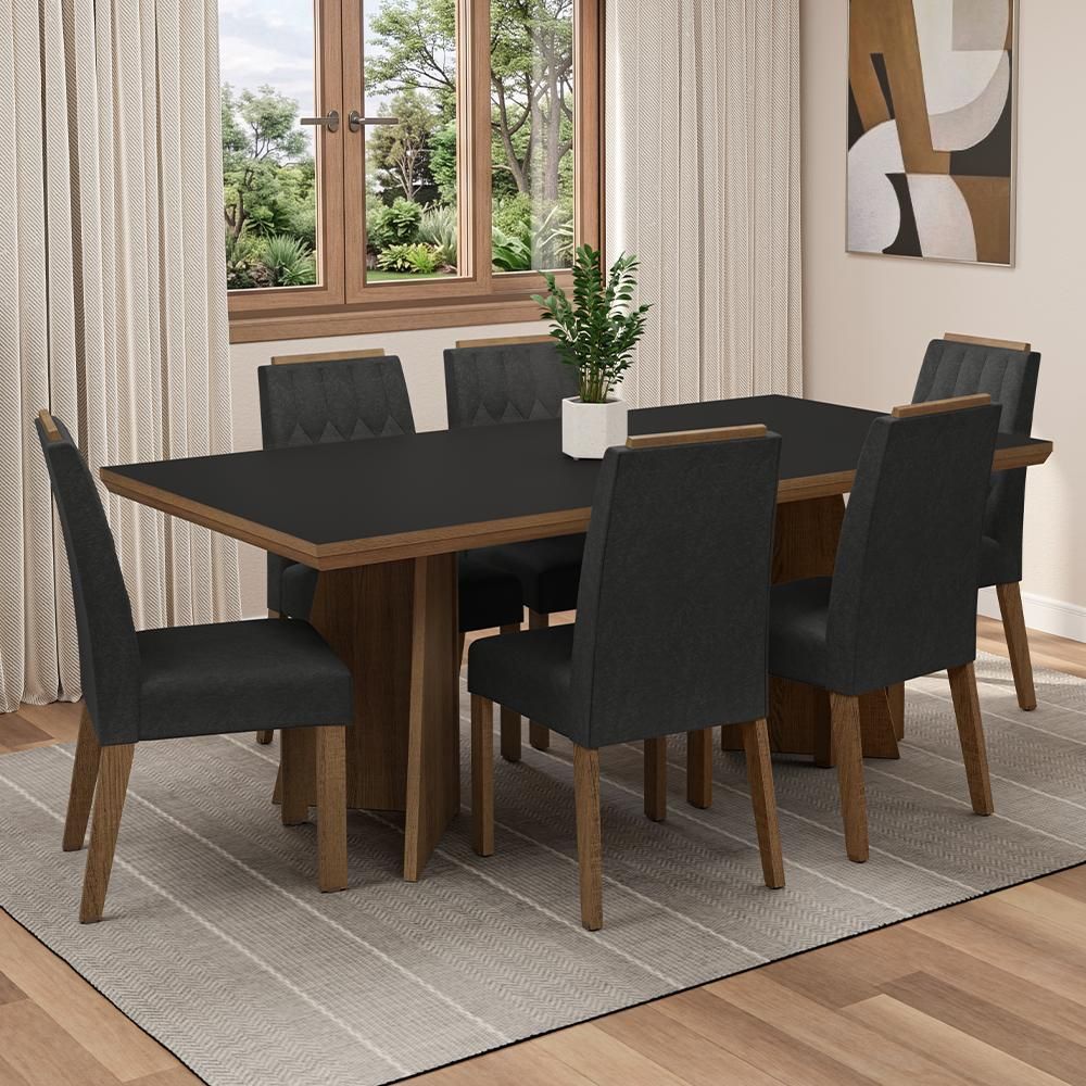 Conjunto de Jantar Sarlat 6 Lugares Tampo em MDP com Pés Trapézio Rustic Preto Oxford 160CM Madesa