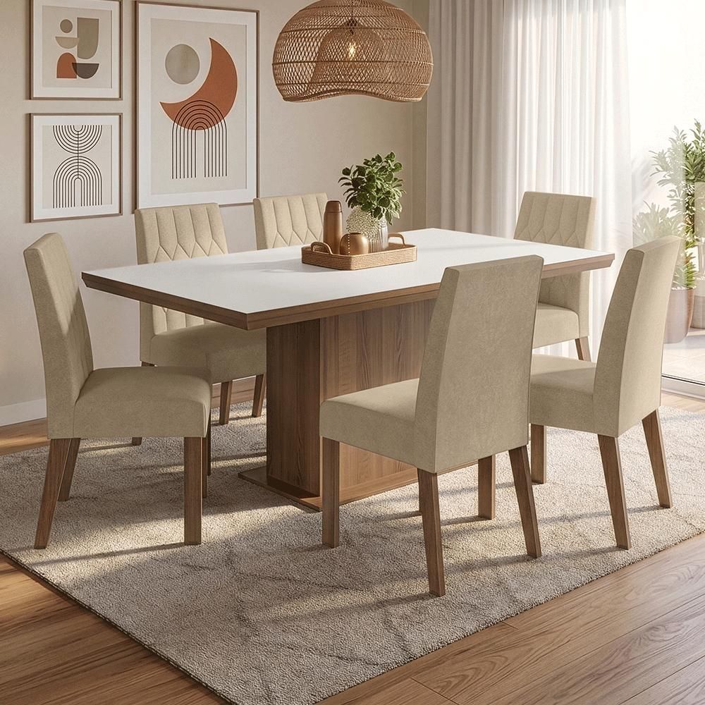 Conjunto de Jantar Luso 6 Lugares Tampo em MDP com Base Pedestal Amadeirado Rustic Branco Imperial 160CM Madesa