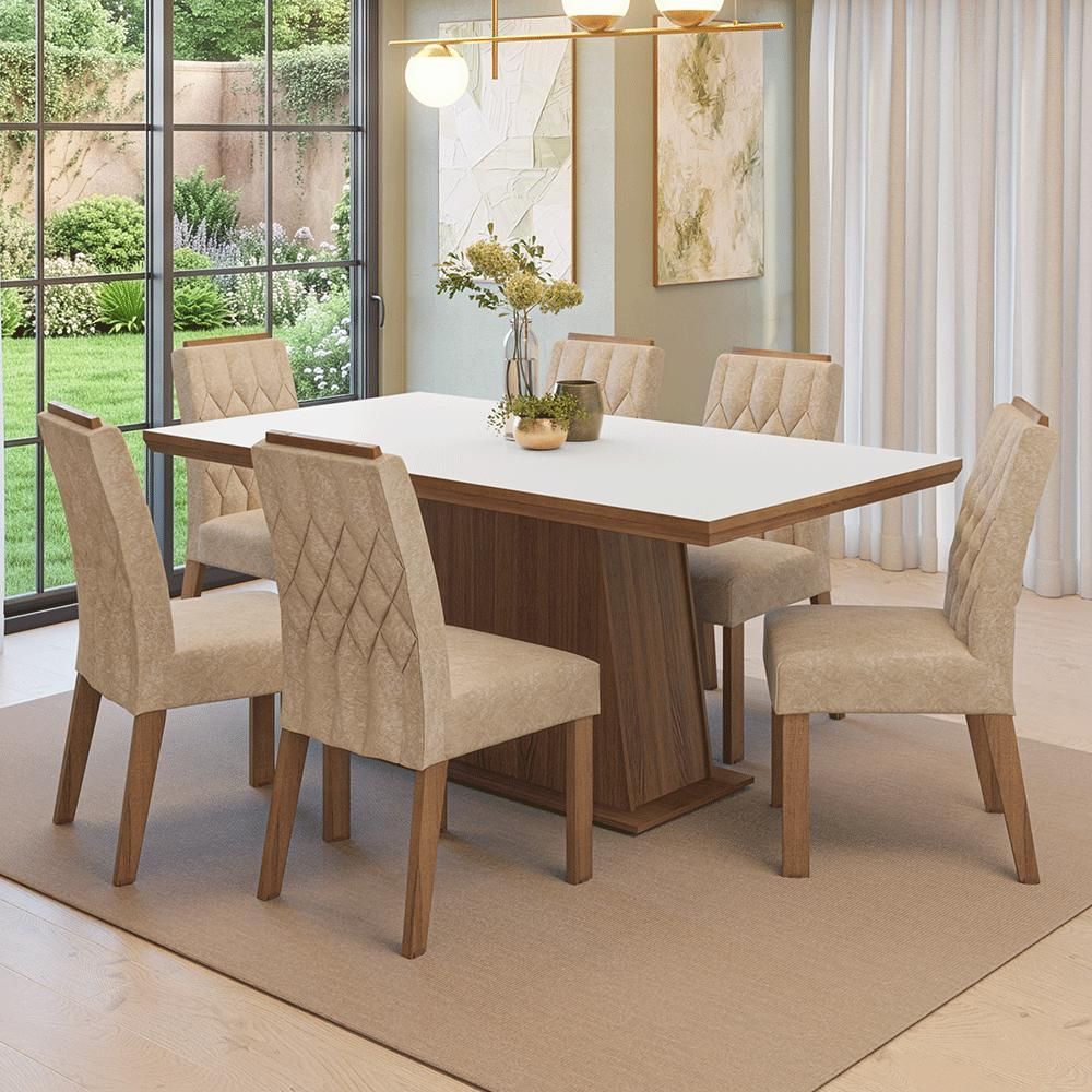 Conjunto Sala de Jantar Assis 6 Lugares Tampo em MDP com Moldura Rustic e Branco 160CM Madesa