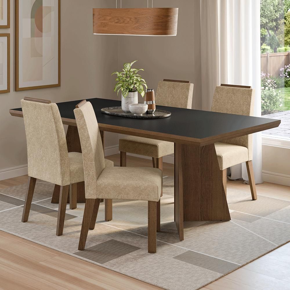 Conjunto Sala de Jantar Arles 4 Lugares Tampo em MDF com Pés Trapézio Marrom 160CM Madesa