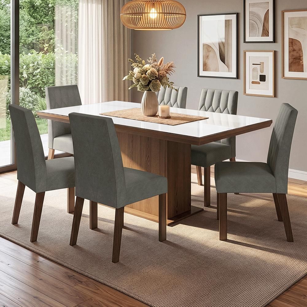 Conjunto Sala de Jantar Dinan 6 Lugares Tampo em Vidro com Moldura e Cadeiras Estofadas Silver Rustic 160CM Madesa