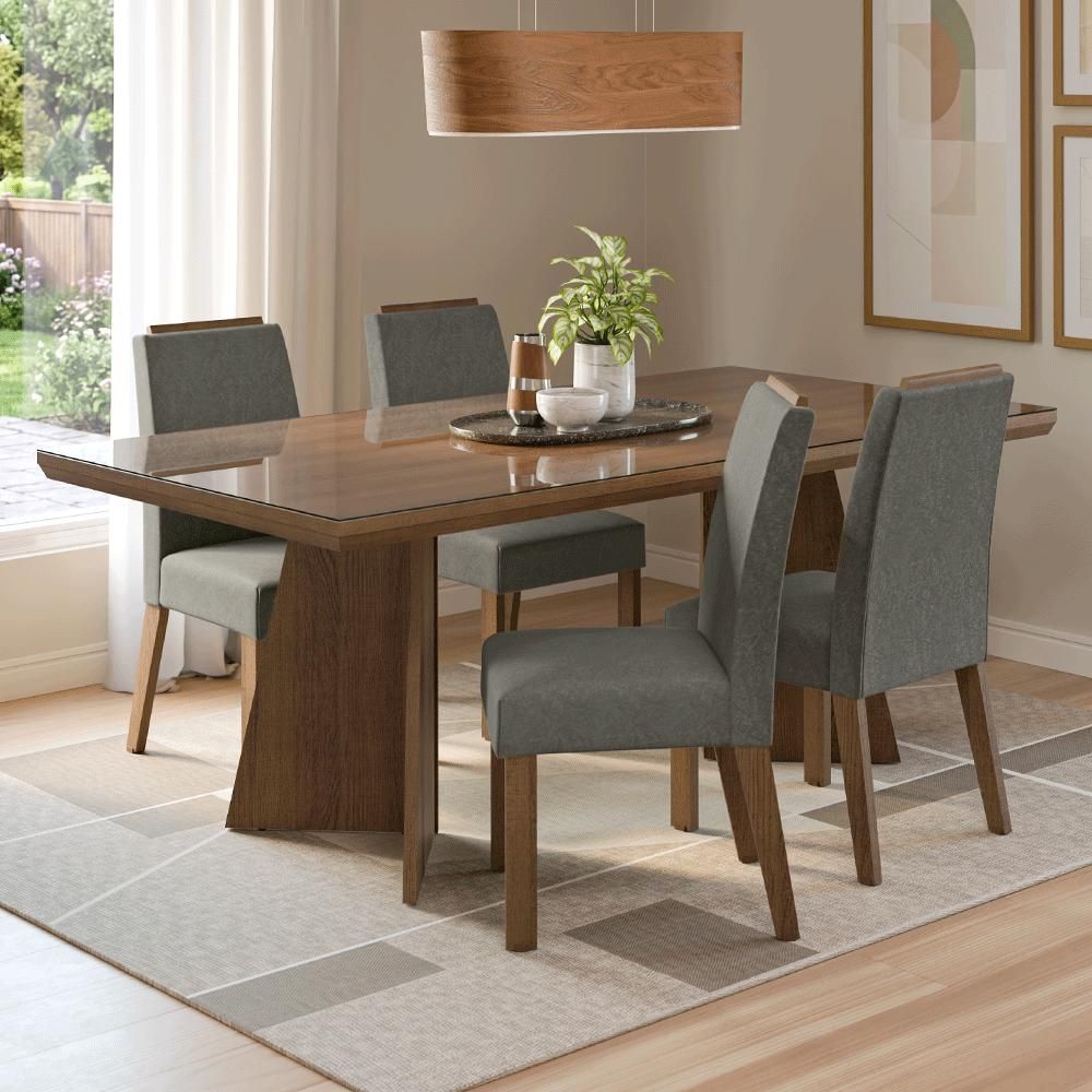 Conjunto de Jantar Todi 4 Lugares Tampo em Vidro com Pés Trapézio Marrom 160CM Madesa