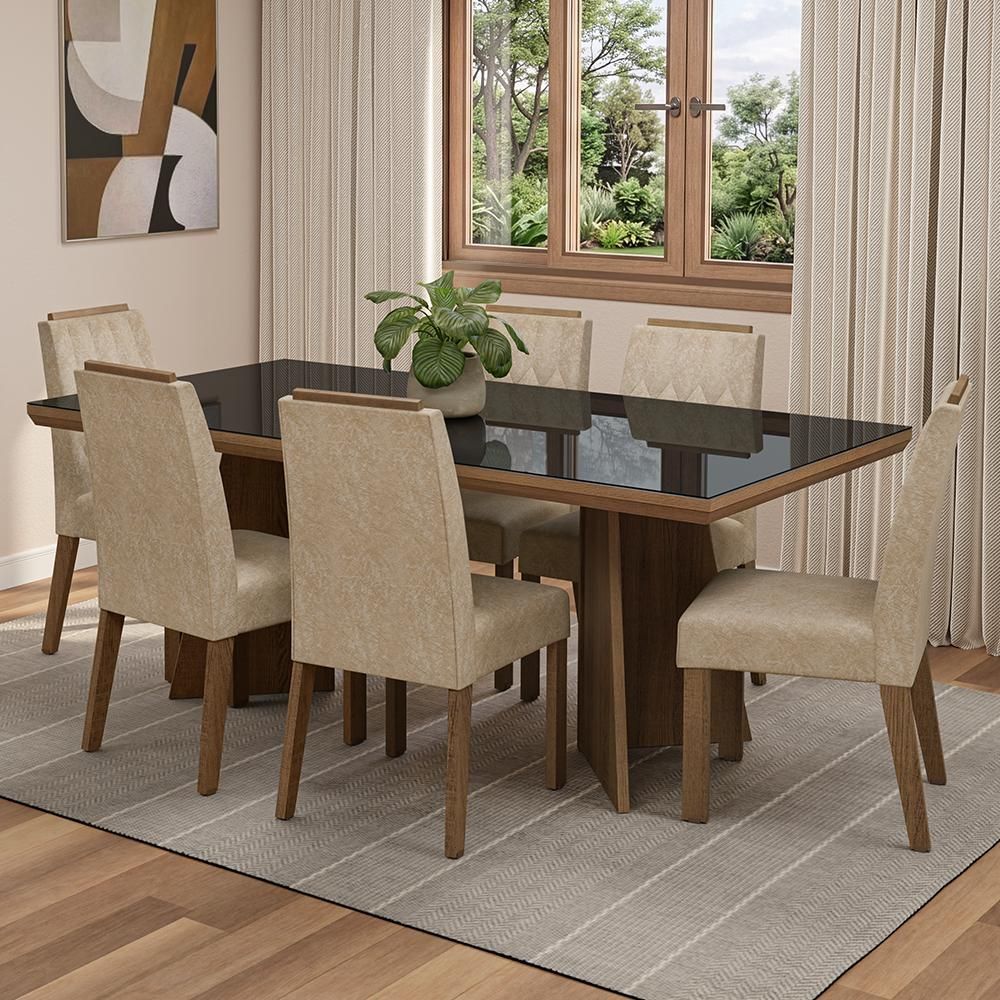 Conjunto Sala de Jantar Pienza 6 Lugares Tampo em Vidro com Moldura e Pés Trapézio Rustic Preto e Imperial 160CM Madesa