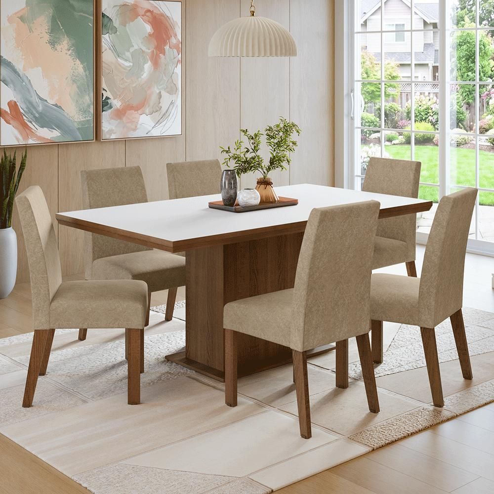 Conjunto Sala de Jantar Grasse 6 Lugares Tampo em MDP com Base Pedestal Rustic e Branco 160CM Madesa