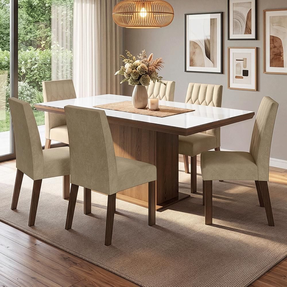 Conjunto Sala de Jantar Dinan 6 Lugares Tampo em MDF com Vidro Sobreposto Marrom 160CM Madesa