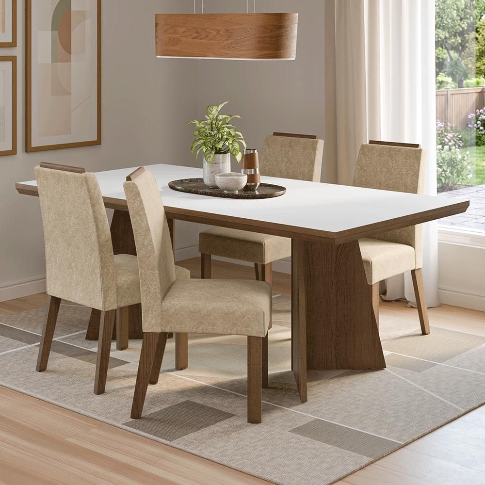 Conjunto Sala de Jantar Arles 4 Lugares Tampo em MDF com Moldura Rustic e Branco 160CM Madesa