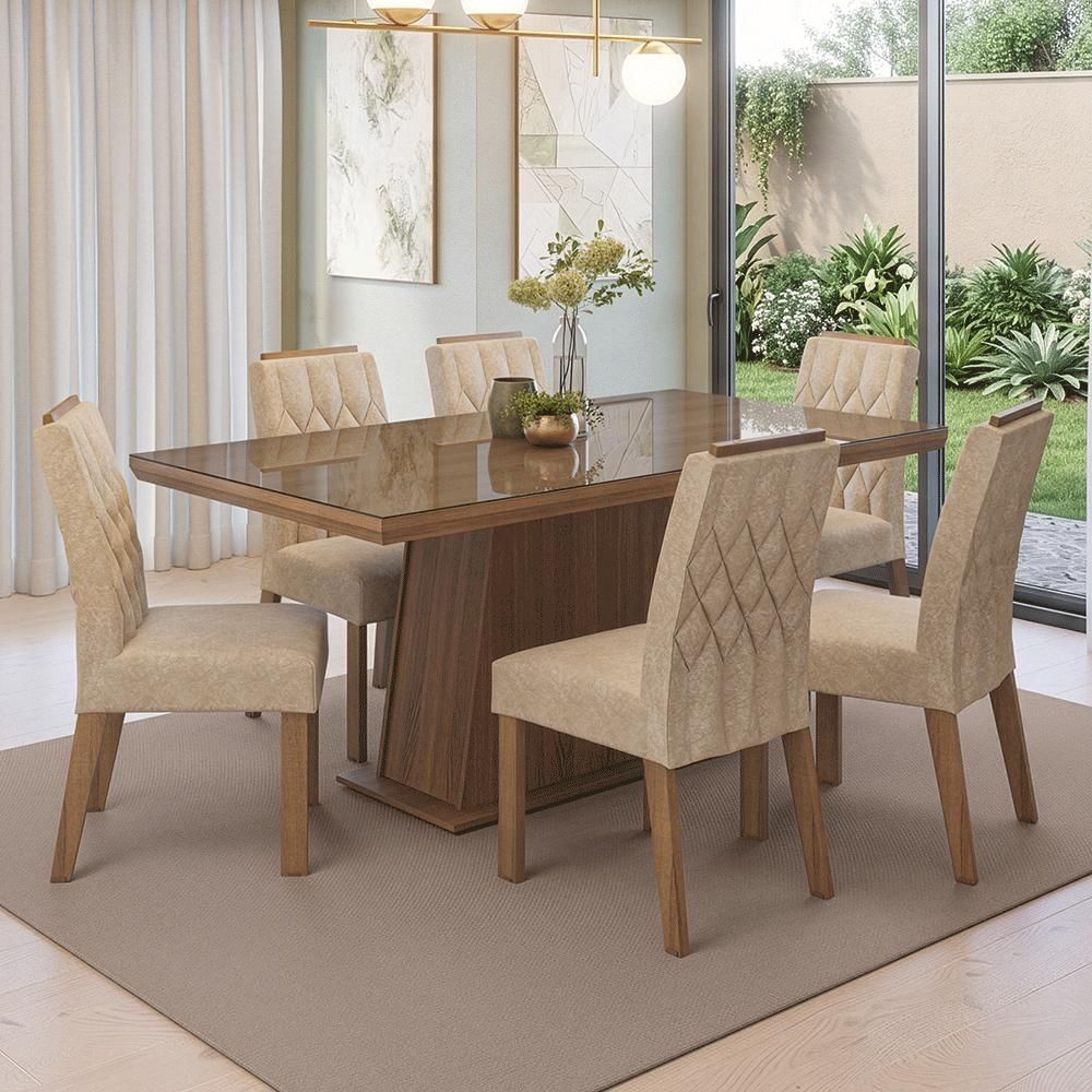 Conjunto Sala de Jantar Colmar 6 Lugares Tampo em Vidro com Cadeiras Estofadas Marrom 160CM Madesa