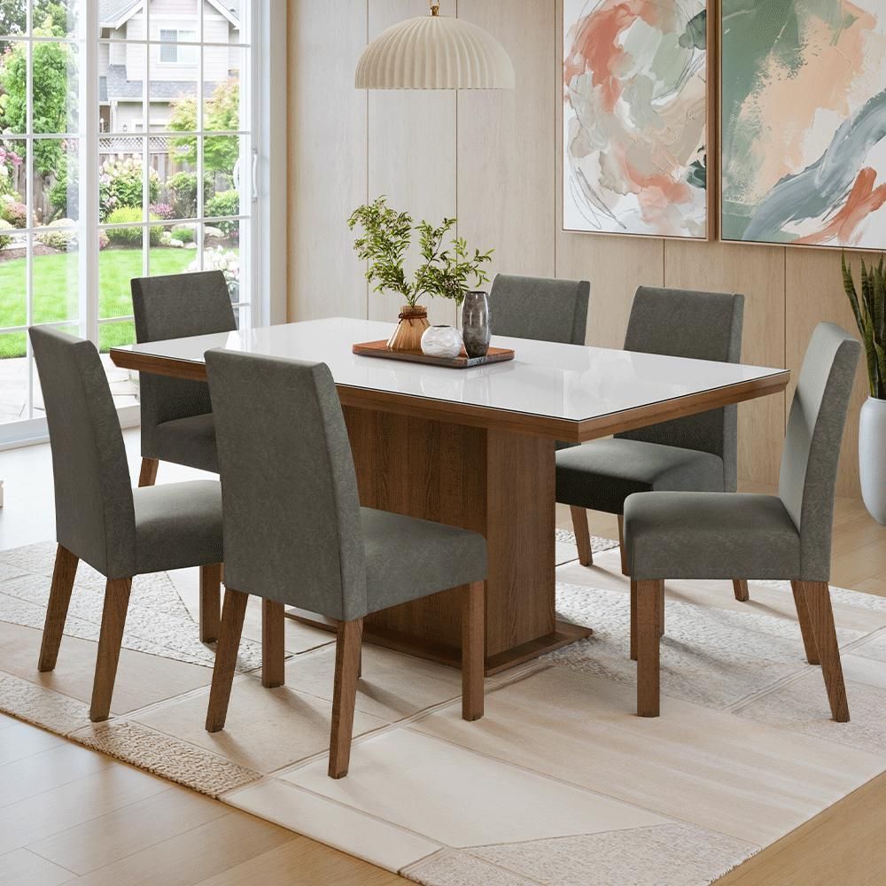 Conjunto de Jantar Alba 6 Lugares Tampo em Vidro com Moldura Mesa Rustic e Cadeiras Estofadas Silver 160CM Madesa