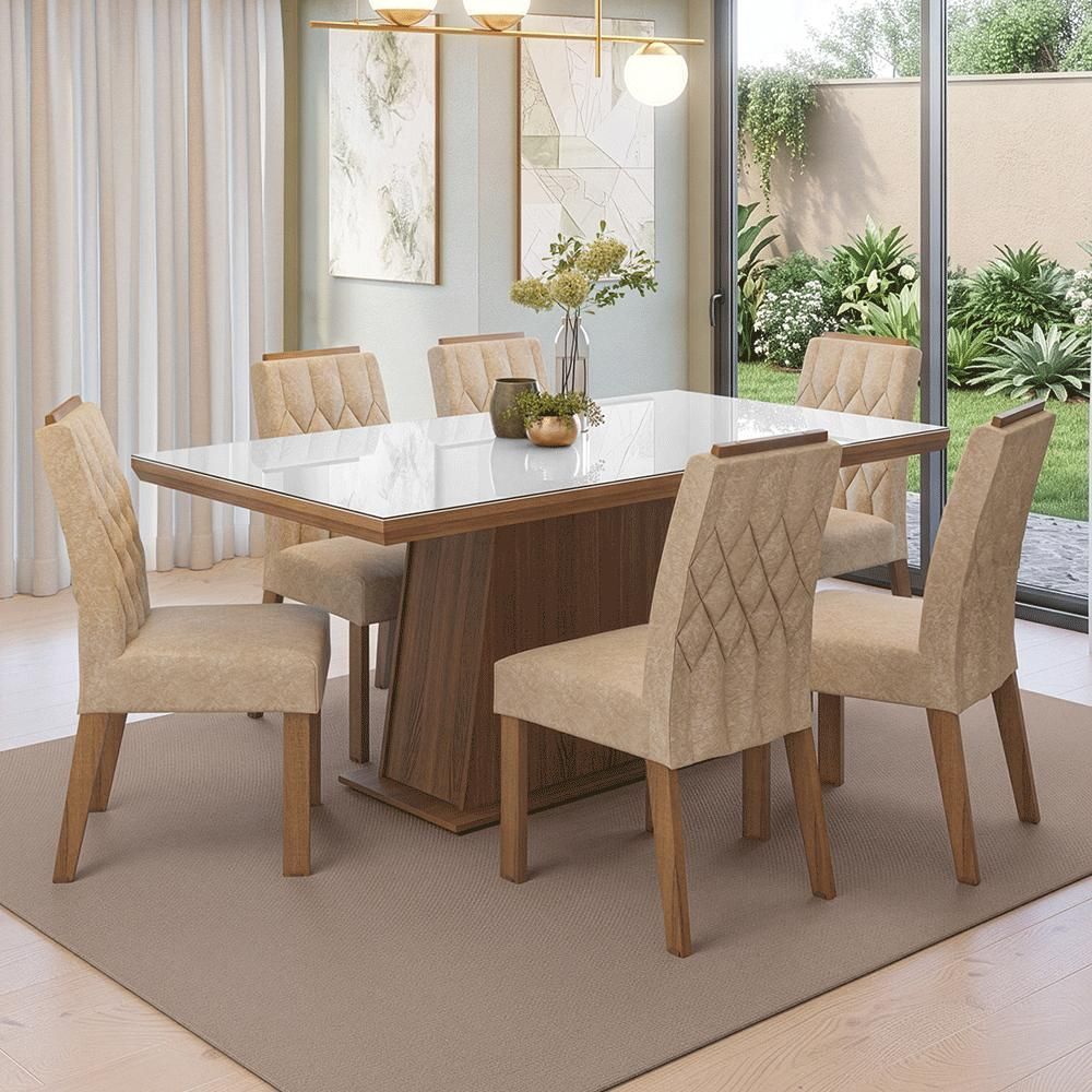 Conjunto Sala de Jantar Colmar 6 Lugares Tampo em Vidro com Moldura Rustic e Branco 160CM Madesa