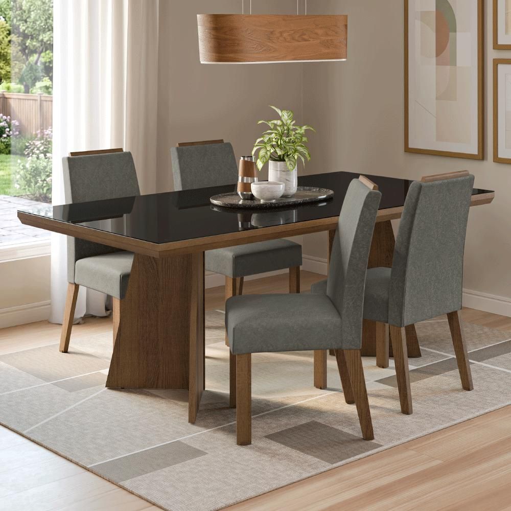Conjunto Sala de Jantar Todi 4 Lugares Tampo em Vidro com Pés Trapézio Rustic Madesa 160CM