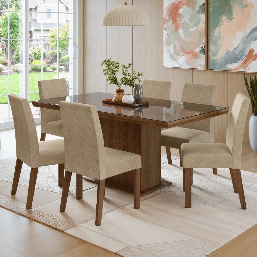 Conjunto Sala de Jantar Alba 6 Lugares Tampo em Vidro com Moldura e Cadeiras Estofadas Imperial Marrom 160CM Madesa