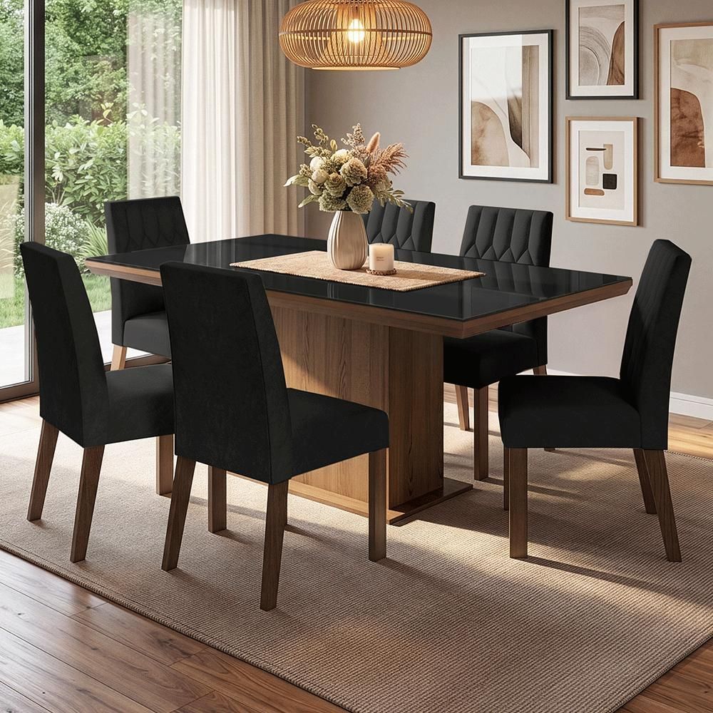 Conjunto Sala de Jantar Dinan 6 Lugares Tampo em Vidro com Moldura Rustic Preto Oxford 160CM Madesa