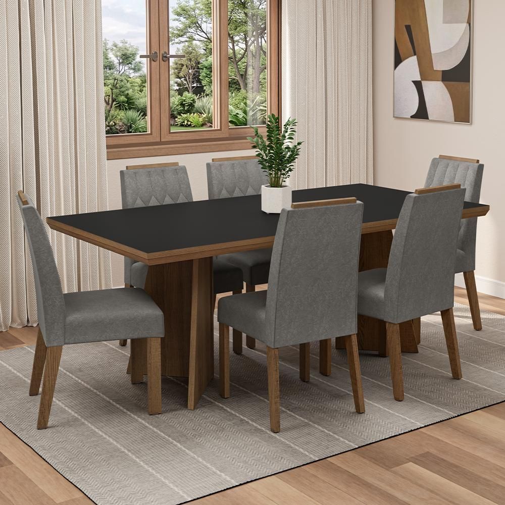 Conjunto Sala de Jantar Sarlat 6 Lugares Tampo em MDP com Pés Trapézio Rustic e Preto 160CM Madesa