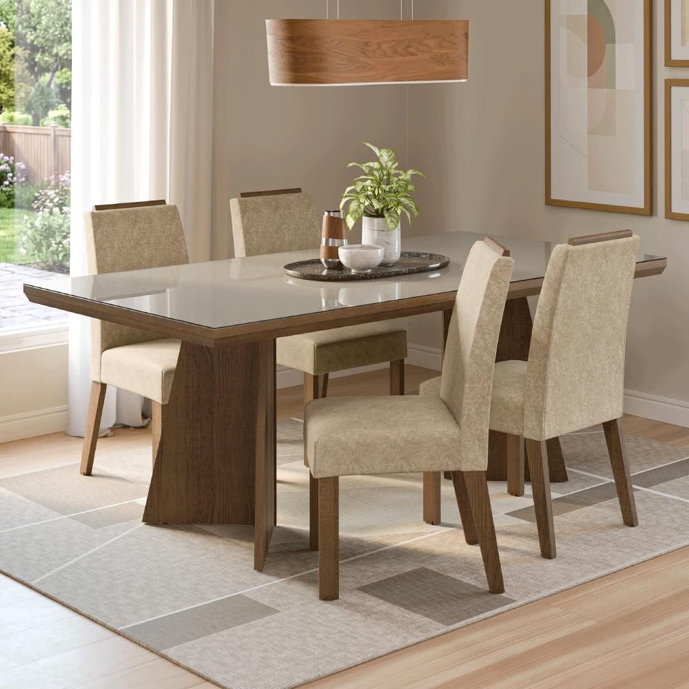 Conjunto Sala de Jantar Todi 4 Lugares Tampo em Vidro com Pés Trapézio Marrom 160CM Madesa