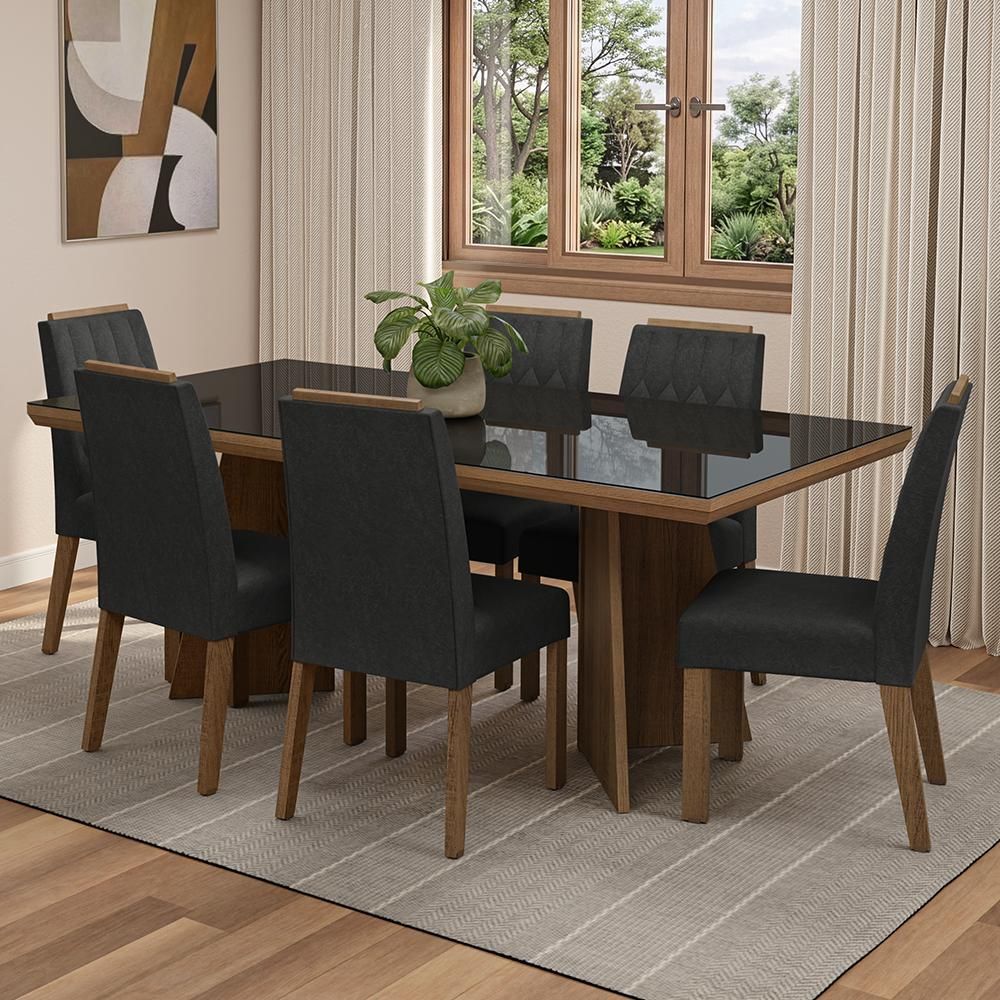 Conjunto Sala de Jantar Pienza 6 Lugares Tampo em Vidro com Cadeiras Estofadas Oxford Rustic-Preto 160CM Madesa
