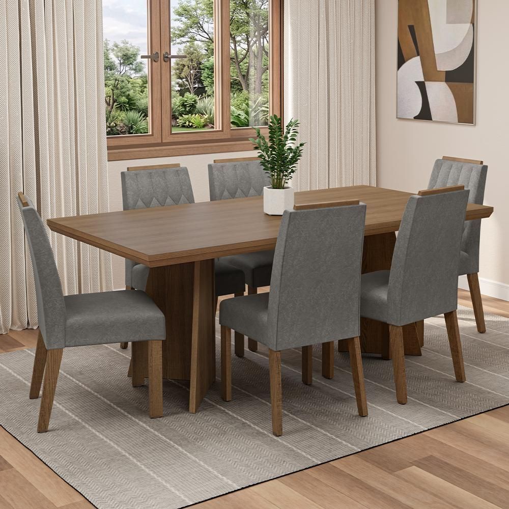 Conjunto de Jantar Sarlat 6 Lugares Tampo em MDF com Moldura e Pés Trapézio Marrom 160CM Madesa