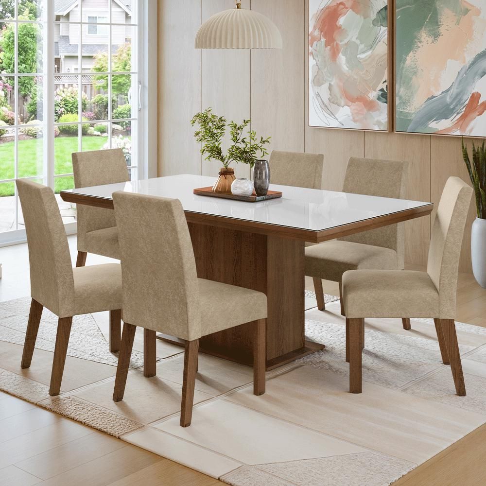 Conjunto Sala de Jantar Alba 6 Lugares Tampo em Vidro com Cadeiras Estofadas Imperial Marrom 160CM Madesa