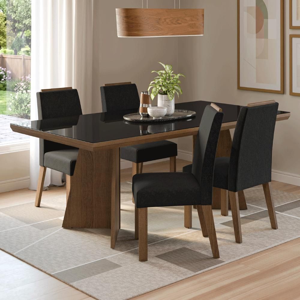 Conjunto de Jantar Todi 4 Lugares Tampo em Vidro com Pés Trapézio Marrom 160CM Madesa