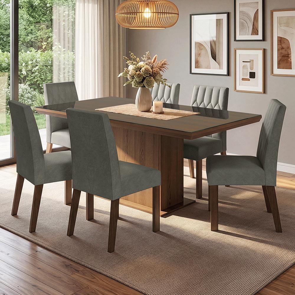 Conjunto Sala de Jantar Dinan 6 Lugares Tampo em Vidro com Moldura Rustic 160CM Madesa