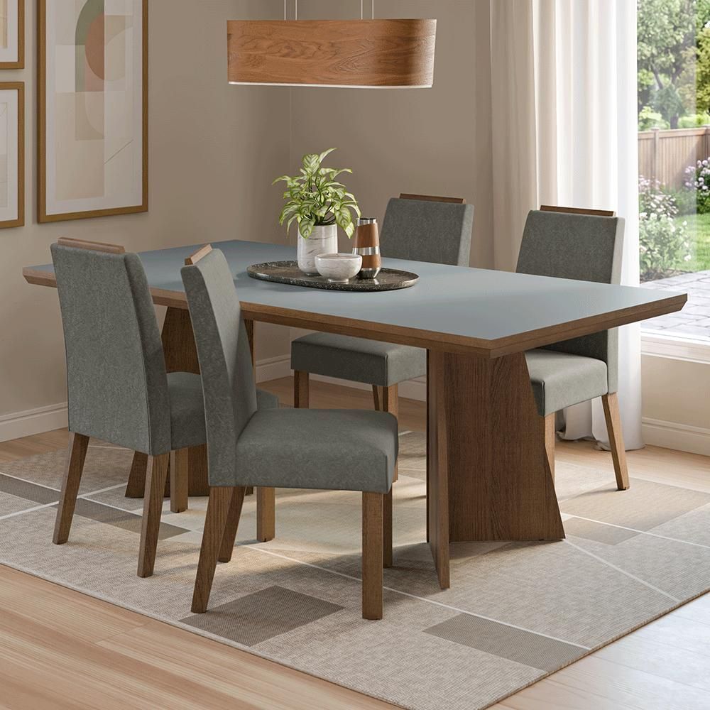 Conjunto Sala de Jantar Arles 4 Lugares Tampo em MDP com Pés Trapézio Rustic Cinza Silver 160CM Madesa