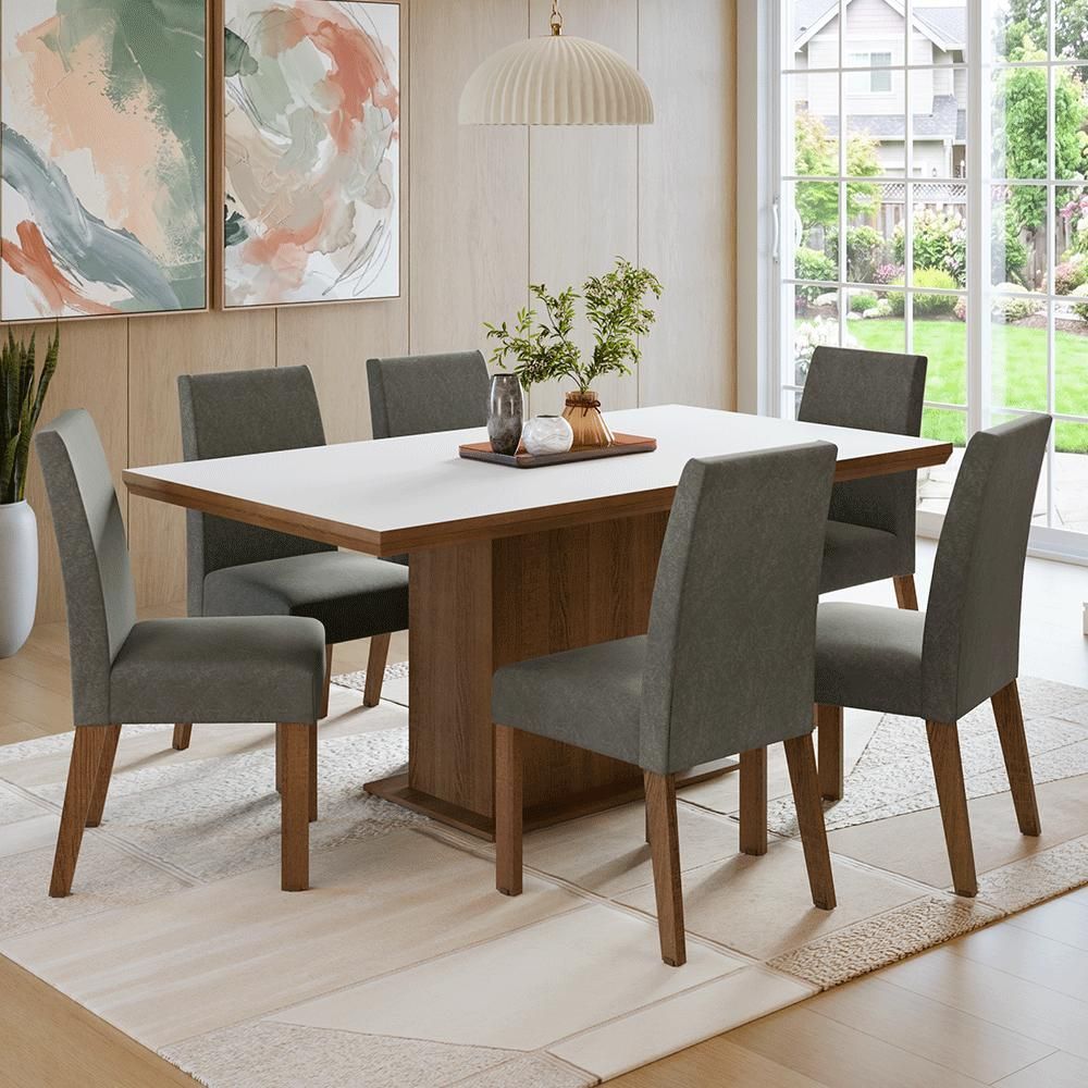 Conjunto Sala de Jantar Grasse 6 Lugares Tampo em MDP com Base Pedestal Rustic Branco e Silver 160CM Madesa