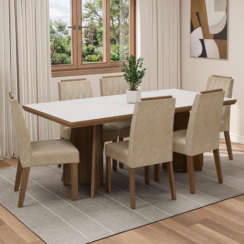Conjunto Sala de Jantar Sarlat 6 Lugares Tampo em MDP com Moldura e Pés Trapézio Rustic Branco 160CM Madesa