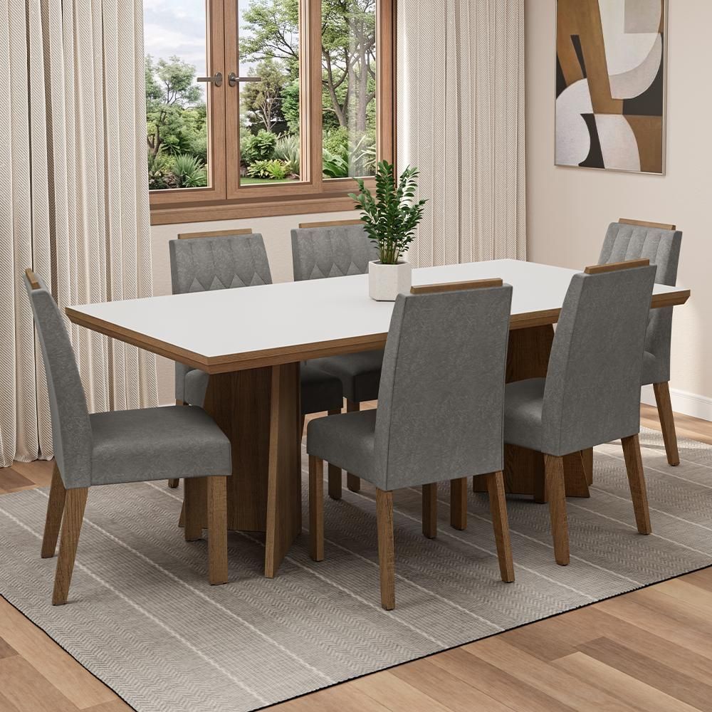 Conjunto Sala de Jantar Sarlat 6 Lugares Tampo em MDP com Pés Trapézio Rustic Branco Silver 160CM Madesa