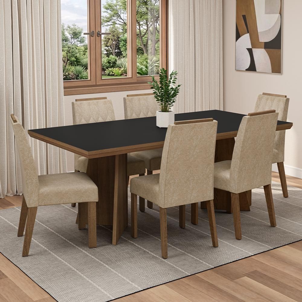 Conjunto Sala de Jantar Sarlat 6 Lugares Tampo em MDP com Pés Trapézio Rustic-Preto-Imperial 160CM Madesa