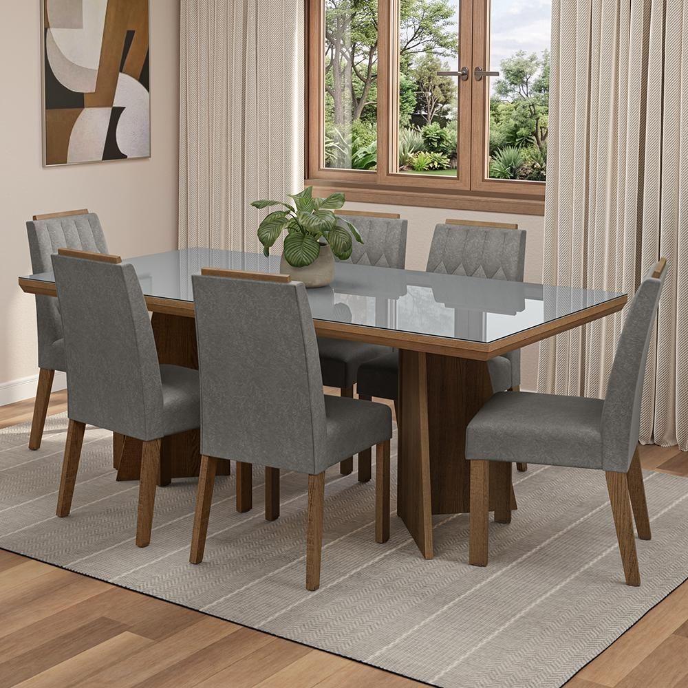 Conjunto Sala de Jantar Pienza 6 Lugares Tampo em Vidro com Moldura e Pés Trapézio Rustic-Cinza-Silver 160CM Madesa