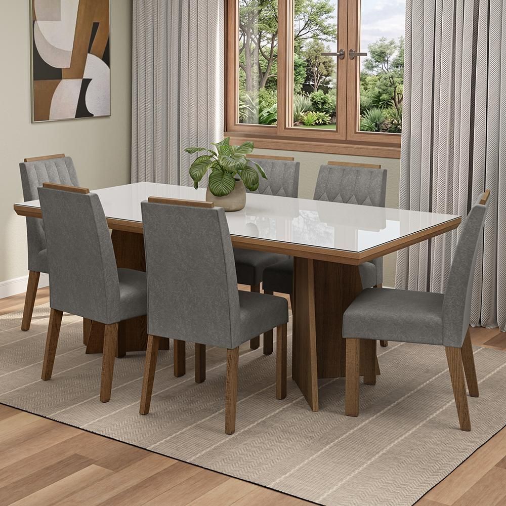 Conjunto Sala de Jantar Pienza 6 Lugares Tampo em Vidro com Moldura e Cadeiras Estofadas Silver Rustic 160CM Madesa