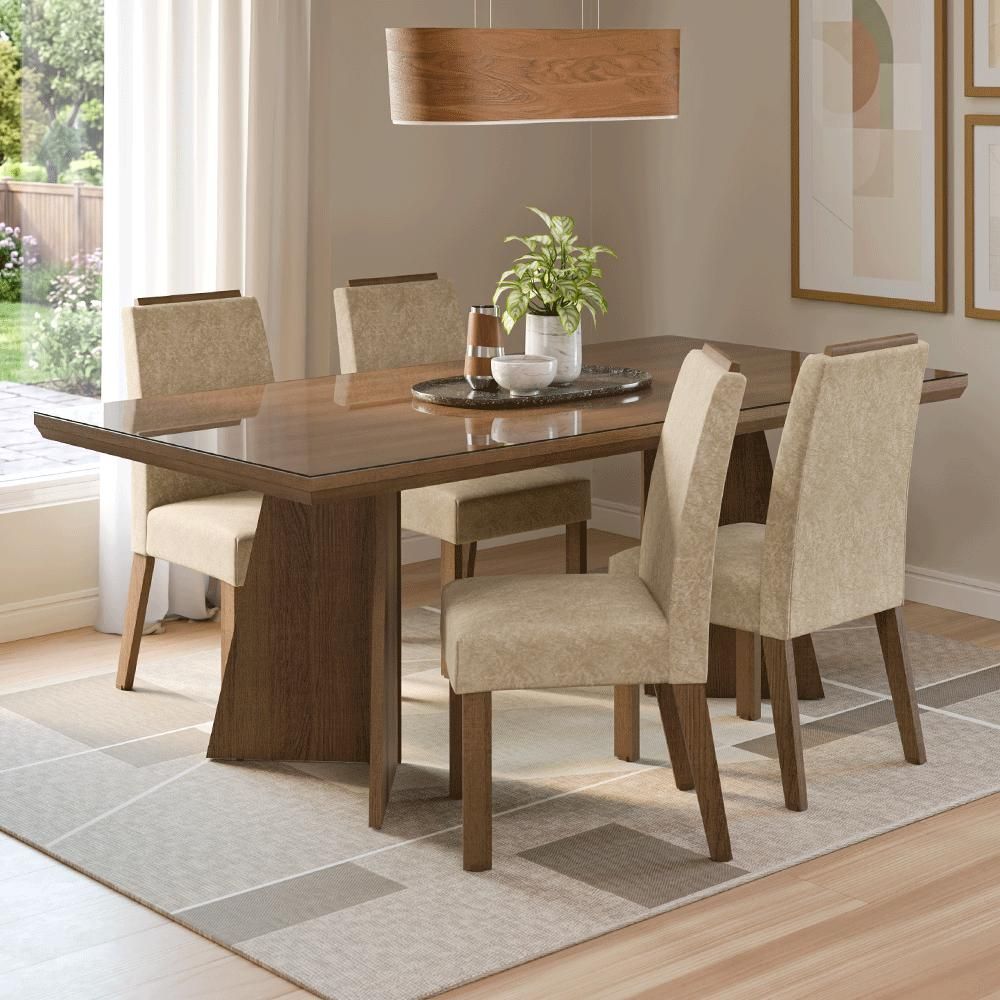 Conjunto Sala de Jantar Todi 4 Lugares Tampo em Vidro com Cadeiras Estofadas Marrom 160CM Madesa