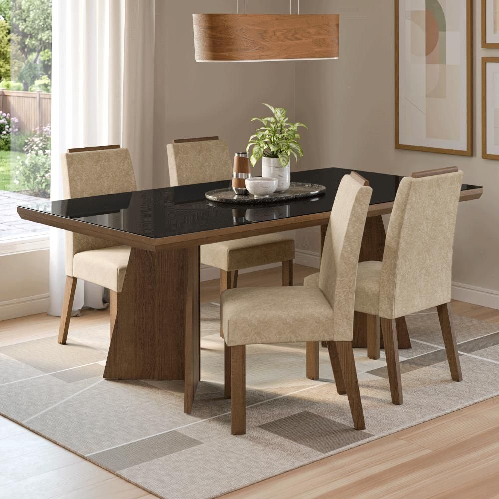 Conjunto Sala de Jantar Todi 4 Lugares Tampo em Vidro com Pés Trapézio Rustic Madesa 160CM