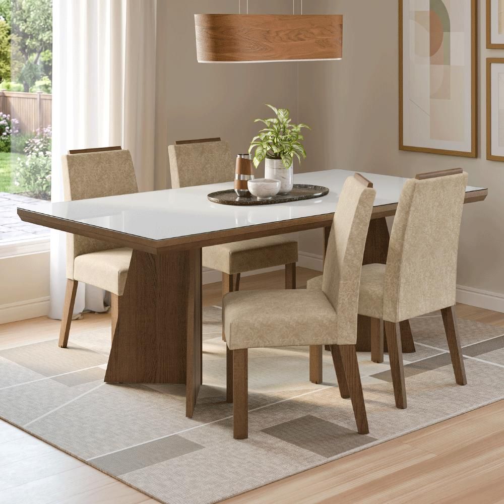 Conjunto Sala de Jantar Todi 4 Lugares Tampo em Vidro com Cadeiras Estofadas Rustic 160CM Madesa