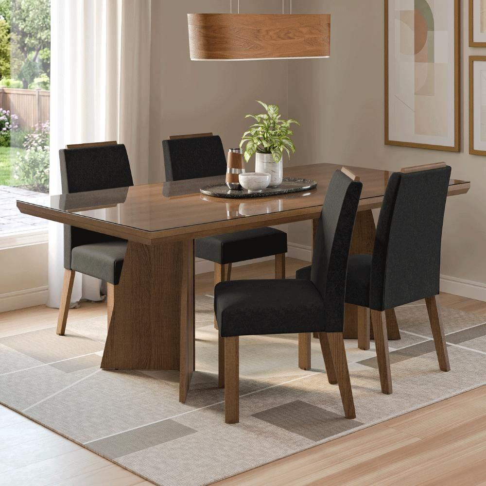 Conjunto Sala de Jantar Todi 4 Lugares Tampo em Vidro com Cadeiras Estofadas Oxford Marrom 160CM Madesa