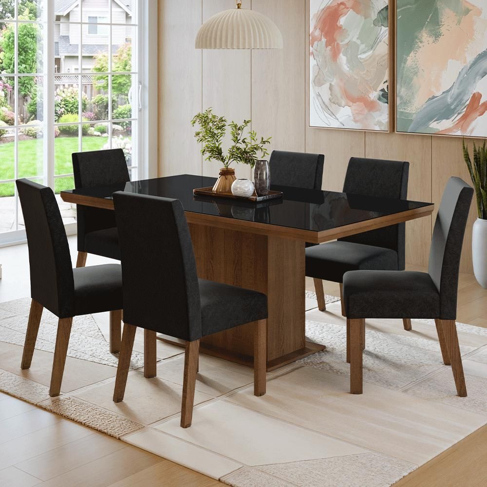 Conjunto Sala de Jantar Alba 6 Lugares Tampo em Vidro com Moldura e Cadeiras Estofadas Oxford Marrom 160CM Madesa