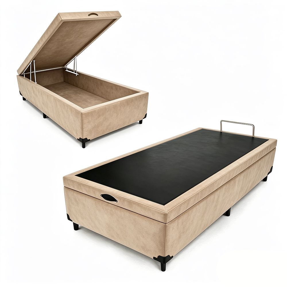 Box Baú Max Ultra 198CM Casal Suede com Estrutura em Madeira Bege Maxispuma