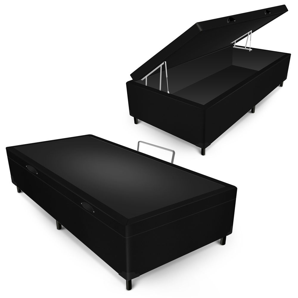 Cama Box Solteiro Box Baú Max Blindado Estrutura em Madeira com Abertura Pneumática Suede Preto Maxispuma 96CM