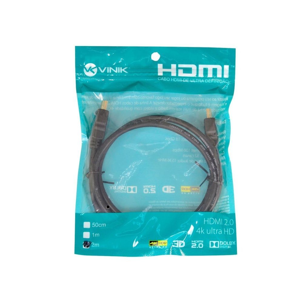 Cabo HDMI Vinik Hdmi 2.0 4K Ultra HD 3D HDR 18 Gbps Ethernet Integrado Preto Hdmi 2.0 2M