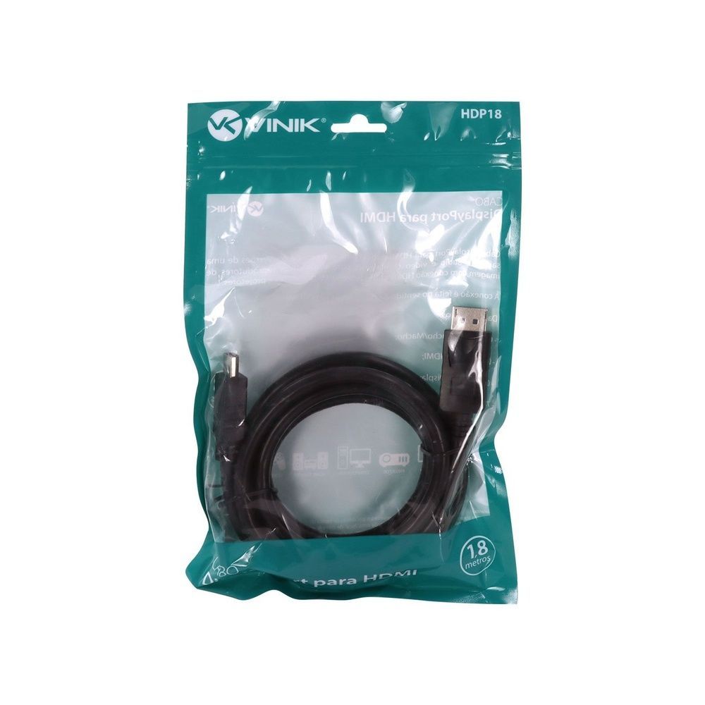 Cabo de Conexão HDP18 para Conversão Displayport para HDMI com Suporte a 4K 30Hz 1.8M Vinik