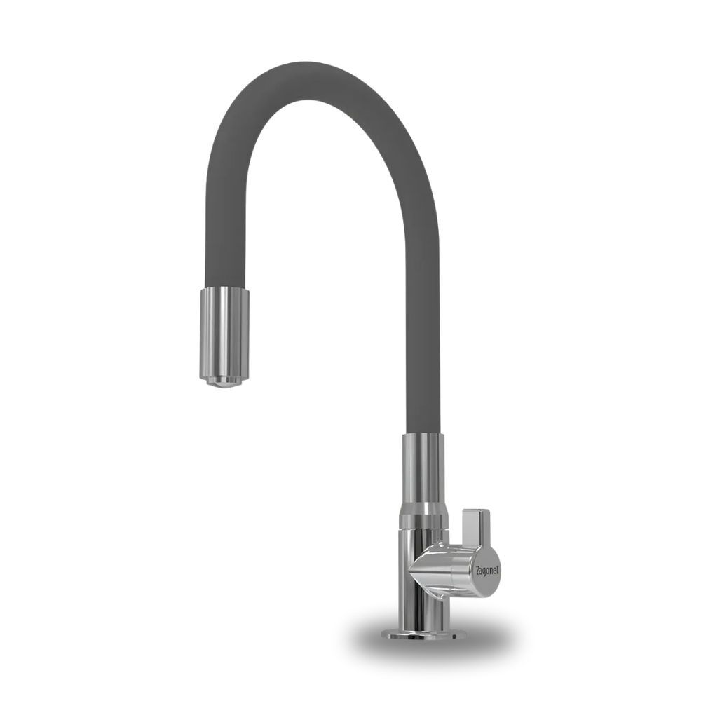 Torneira de Bancada Motion Monocomando de Mesa Latão Cromado com Bica Móvel Cinza Zagonel