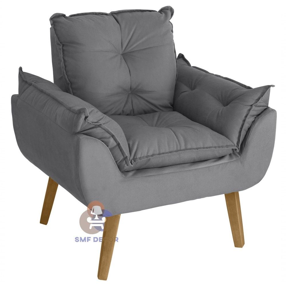 Poltrona Opala Decorativa com Pés Palito em Couro Sintético Confortável Cinza SMF Decor