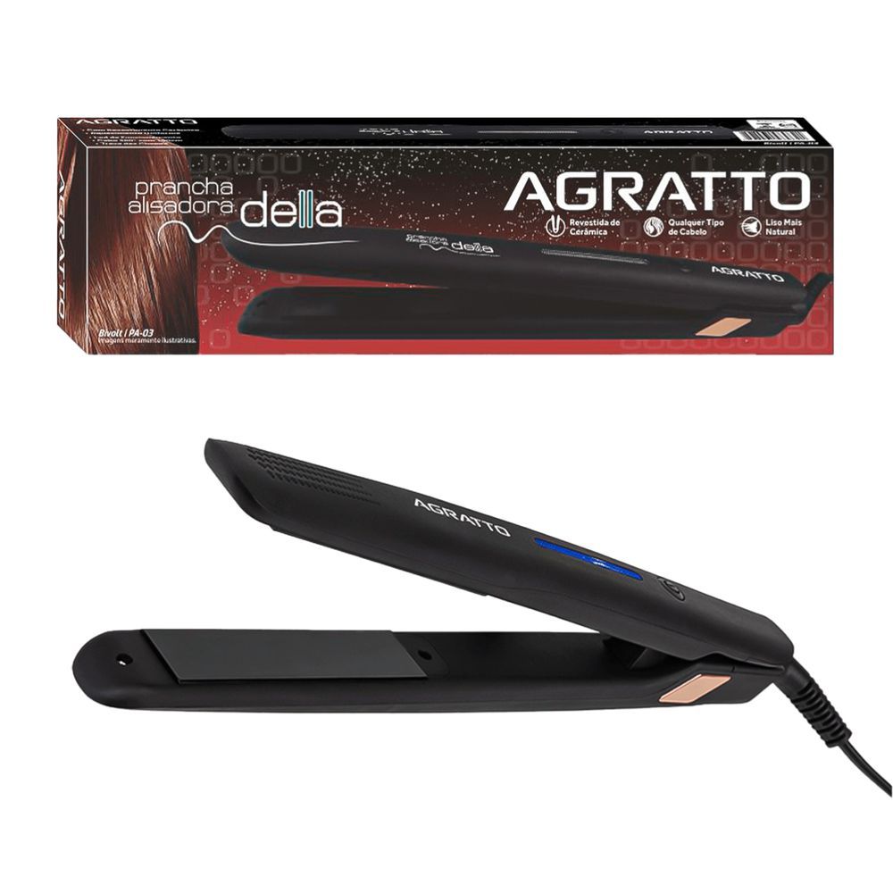 Prancha Alisadora PA03 Placas de Cerâmica 200 graus C Tecnologia Iônica Preta Agratto Bivolt