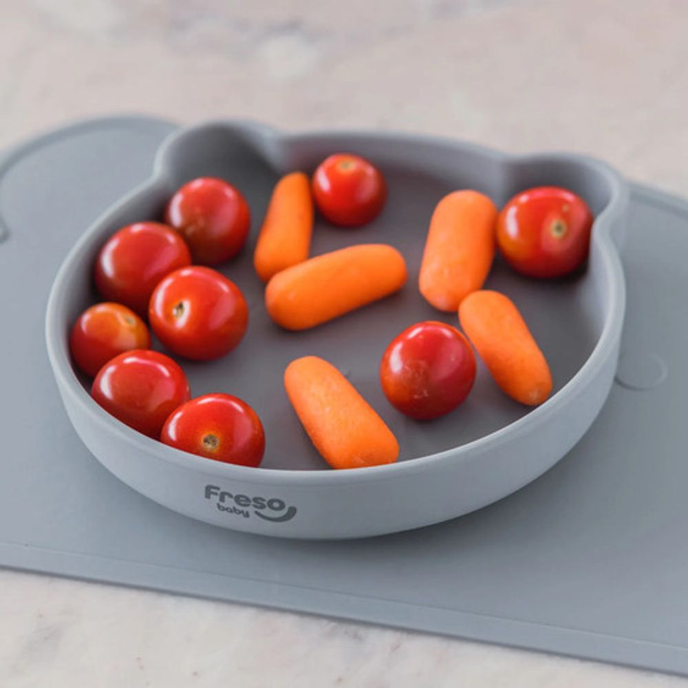 Prato Alimentação Infantil Urso em Silicone com Ventosa Forte para Método BLW Atóxico e Livre de BPA Cinza Freso