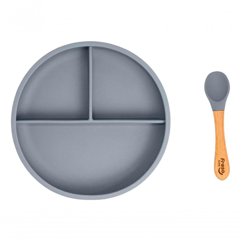 Kit Prato e Colher com Divisórias e Ventosa de Alta Sucção em Silicone e Bambu Cinza Freso